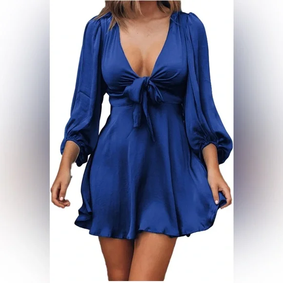 Amazon | Dresses | Vonda Women Long Sleeve Deep V Neck Mini Dress High  Waist Swing Skater Dress | Poshmark